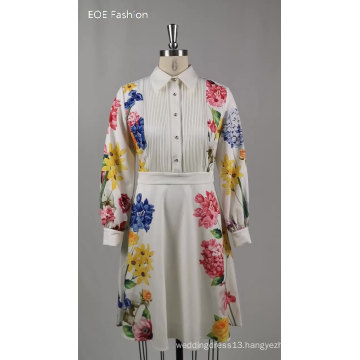 Costom  Spring Printed  Long Sleeve Dress White Dresses With Buttons For Women